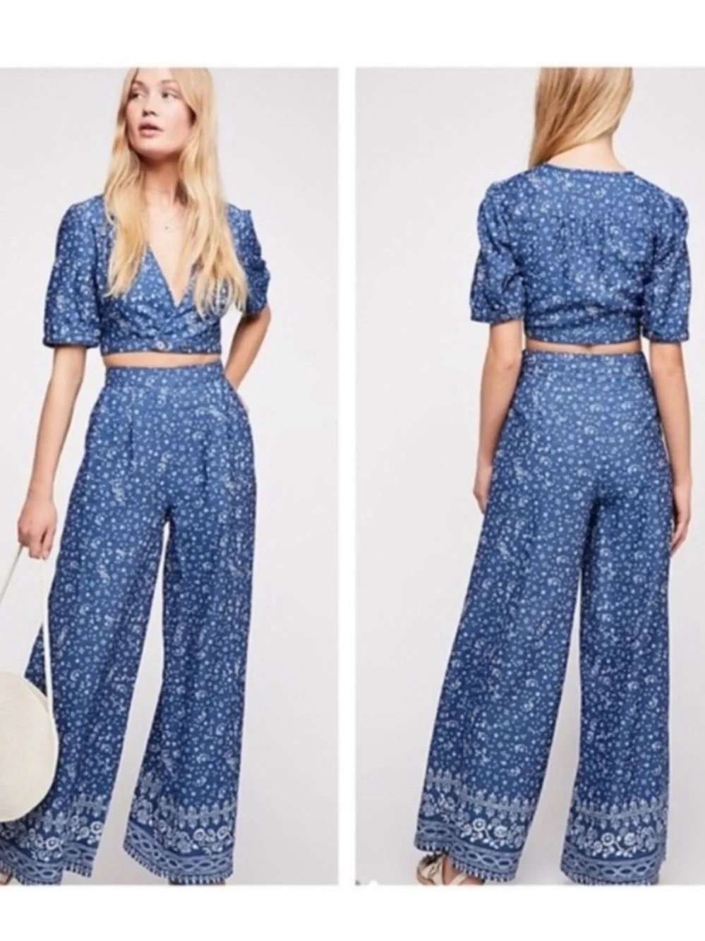 Free People Women's Wild Heart Blue & White Dot & Floral Printed Crop Top - 6